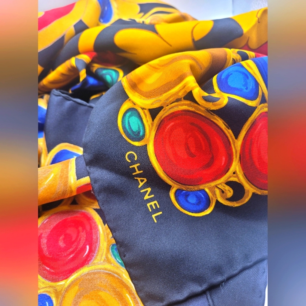 CHANEL 90s Vintage Navy 100% Silk Pearl Ribbon Scarf